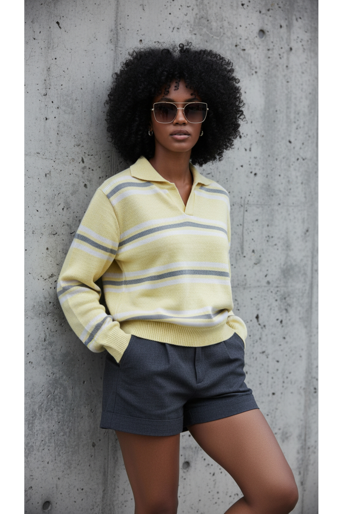 NİLZA Дамски трикотажен пуловер с раирана поло яка