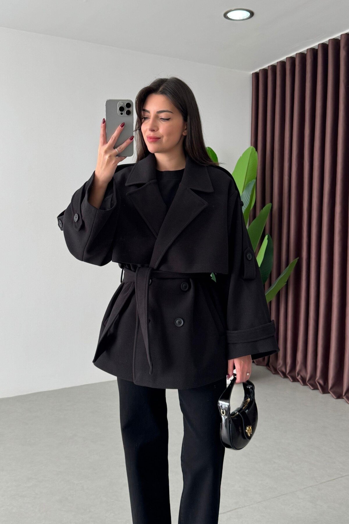 solena sln  Kadın Yeni Sezon Premium Kalite Trend Kuşaklı Kısa Kaşe Kaban - Görsel 6