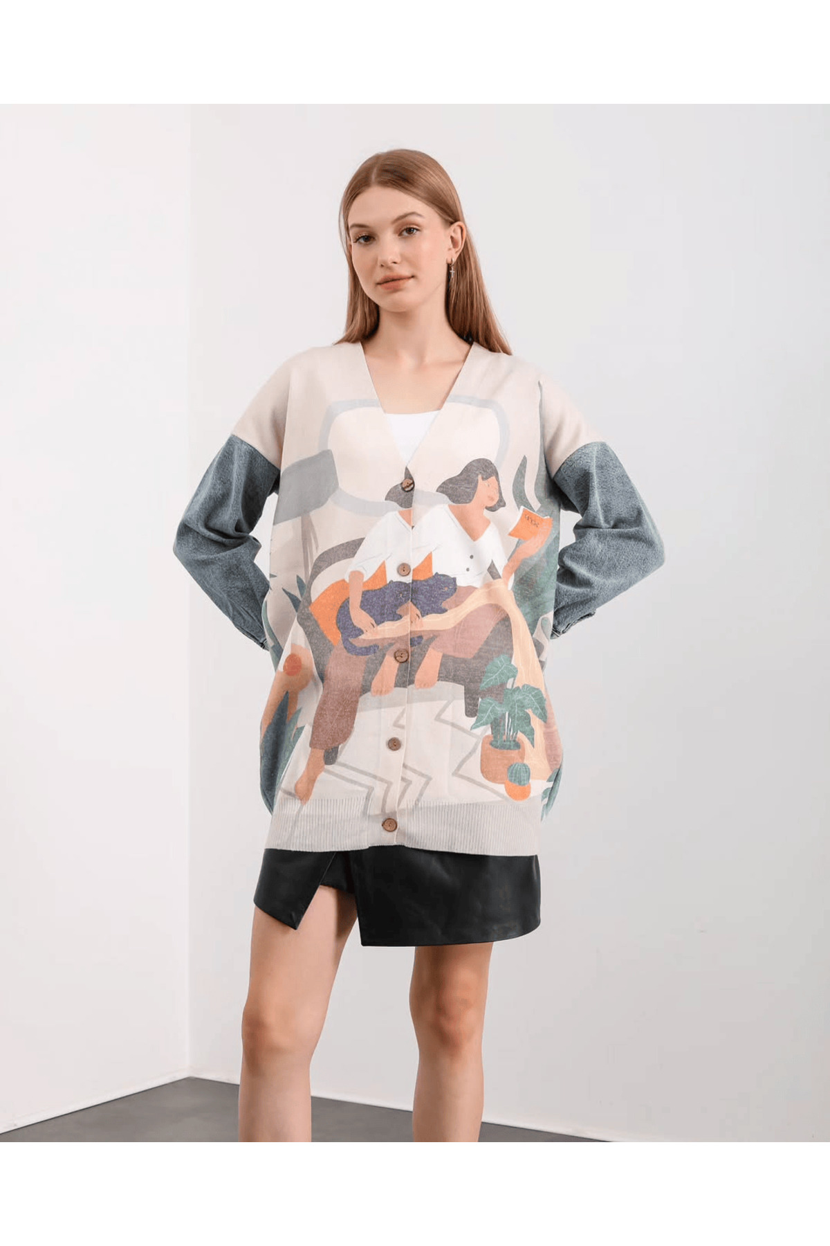 Sleeve Denim Detailed Patterned Long Knitwear Cardigan - 1180