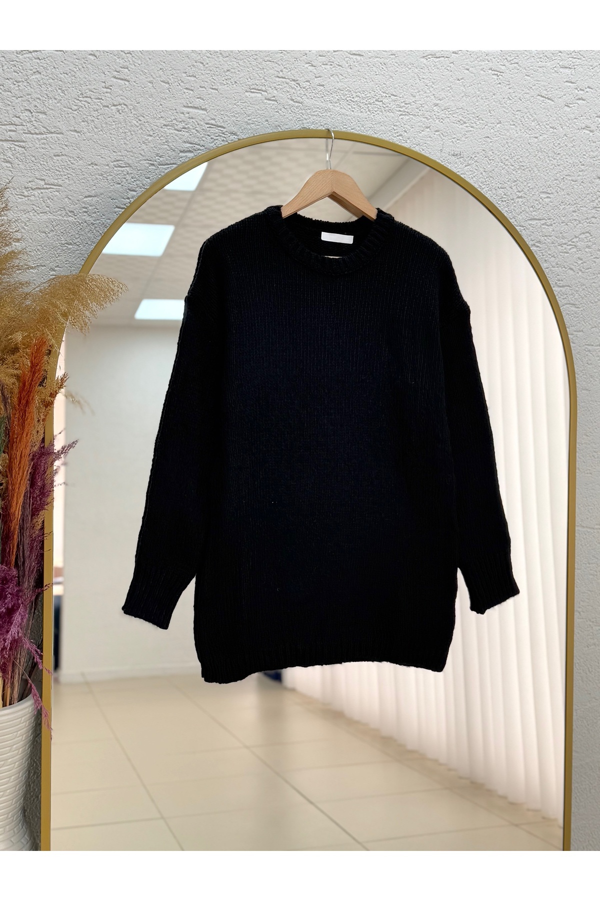 Aleida Kol Ucu ve Altı Lastikli Düz Oversize Triko Kazak-Zİ5225 Siyah