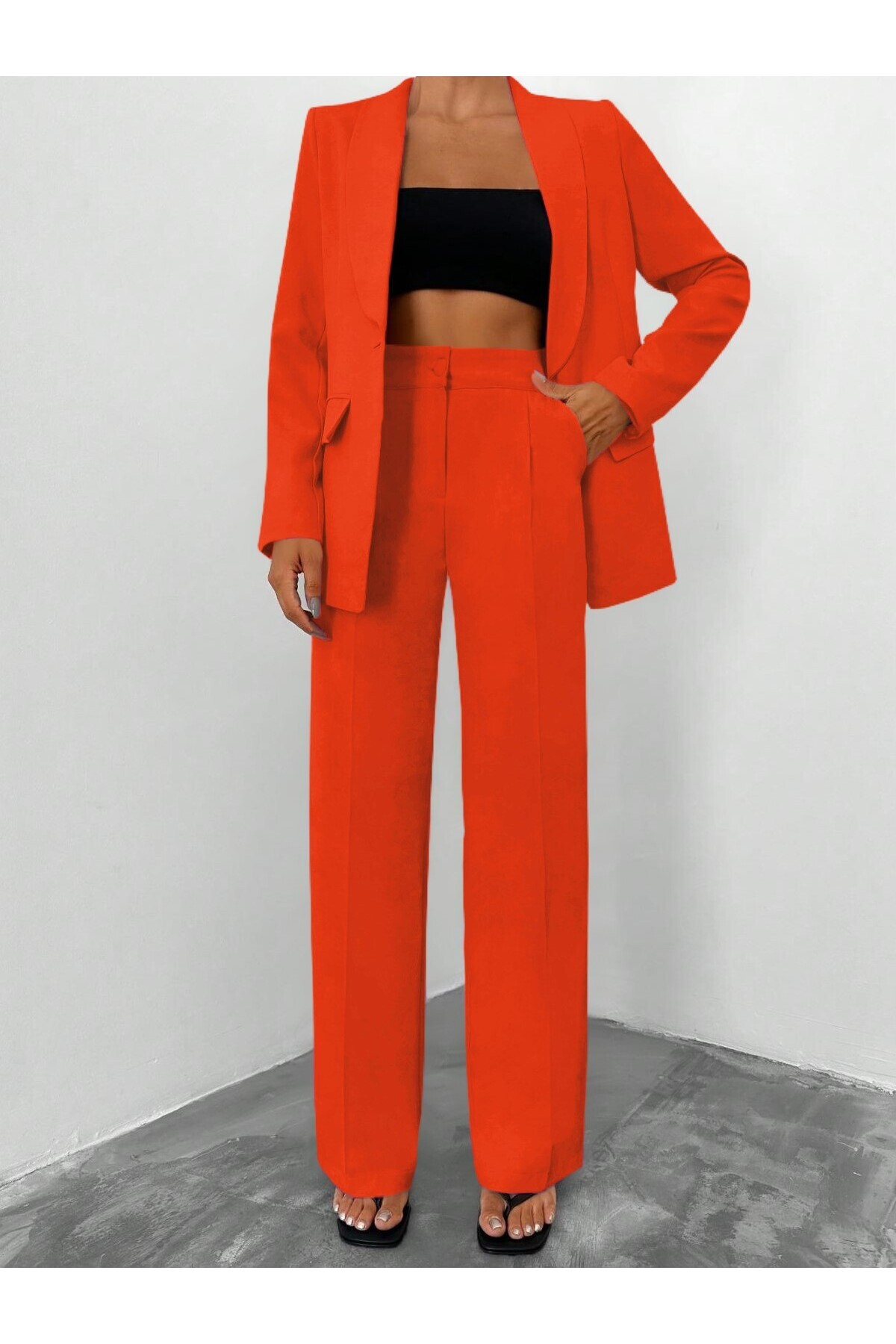 Papillon Tekstil Nar Çiçeği Tek Düğmeli Blazer Ceket Cepli Palazzo Pantolon Takım Elbise