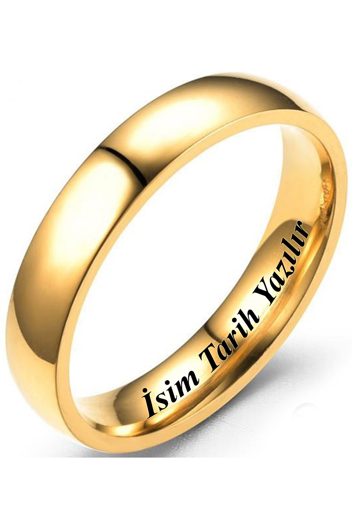 Takı Dükkanı  Kişiye Özel İsim Yazılı 4mm Bombeli Parlak Erkek Kadın Çelik Alyans Yüzük cl18ko