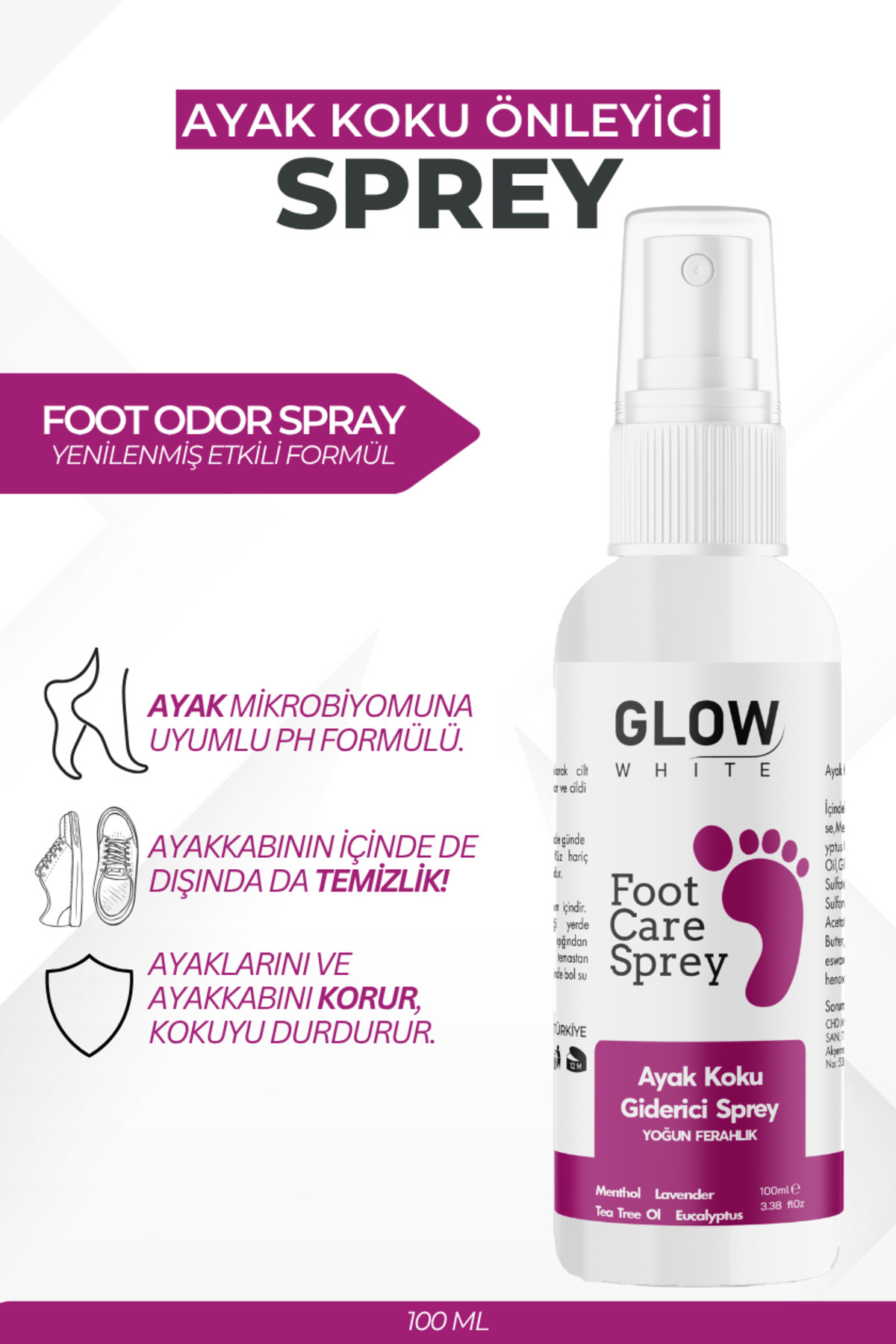 GLOW WHITE Doğal Özlü Ayak Koku Giderici Sprey 100 ml | Okaliptus & Nane Yağı İçerikli