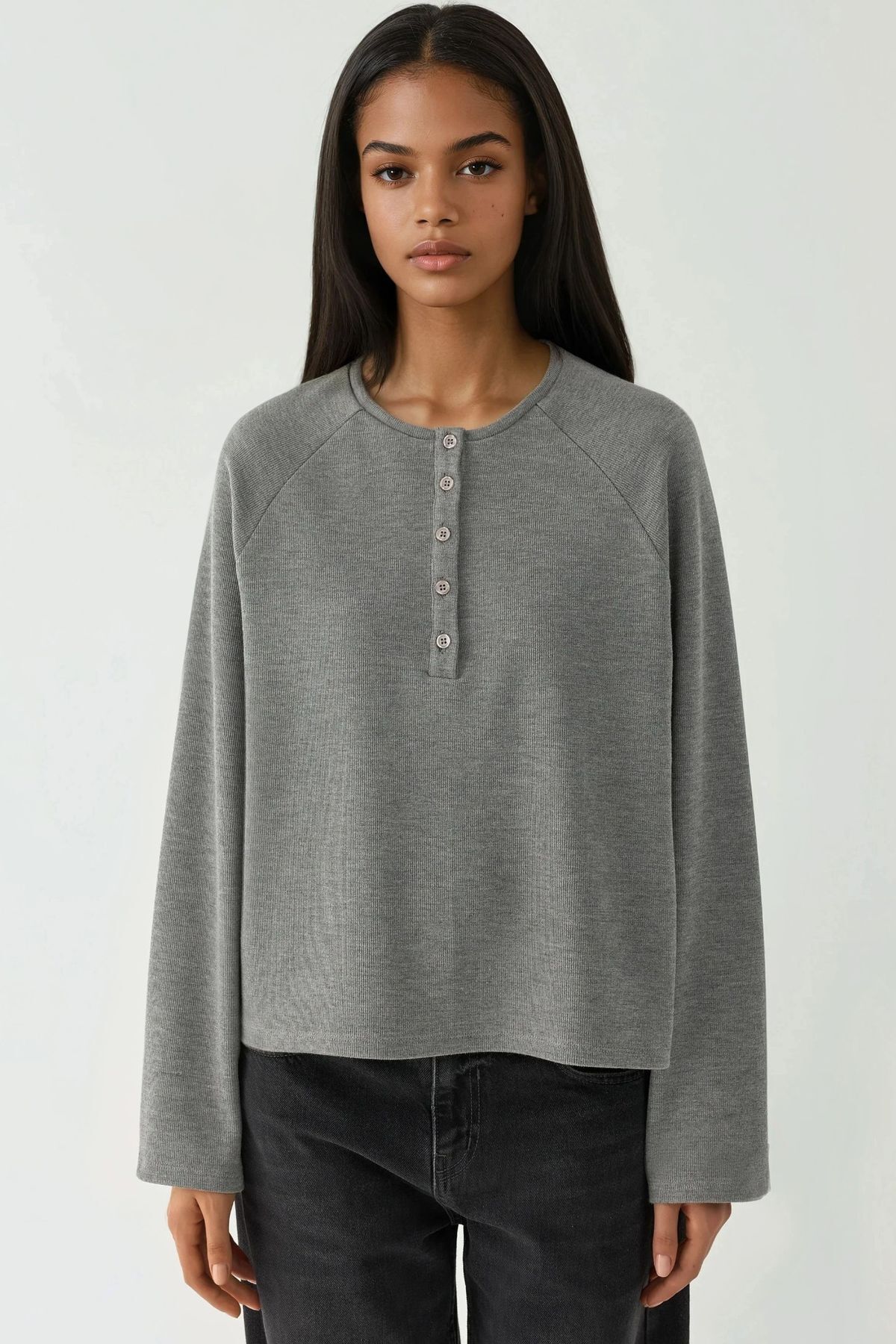 Hiccup  Rahat Desenli Yarım Patlı Düğmeli Basic Uzun Kollu Tişört - Görsel 6