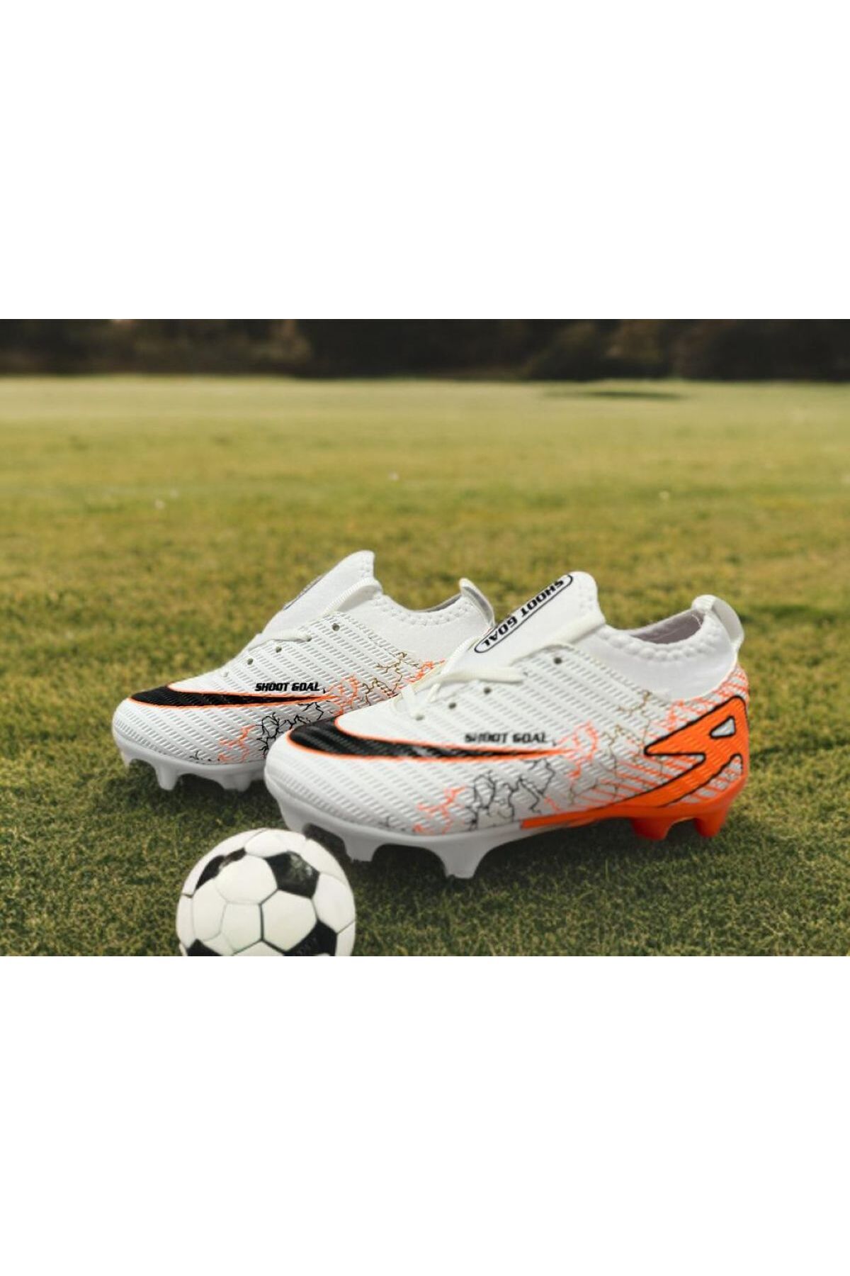 Boys' Football Shoes with Crampons and Socks (White-Orange Color) --Fillet-Waiter