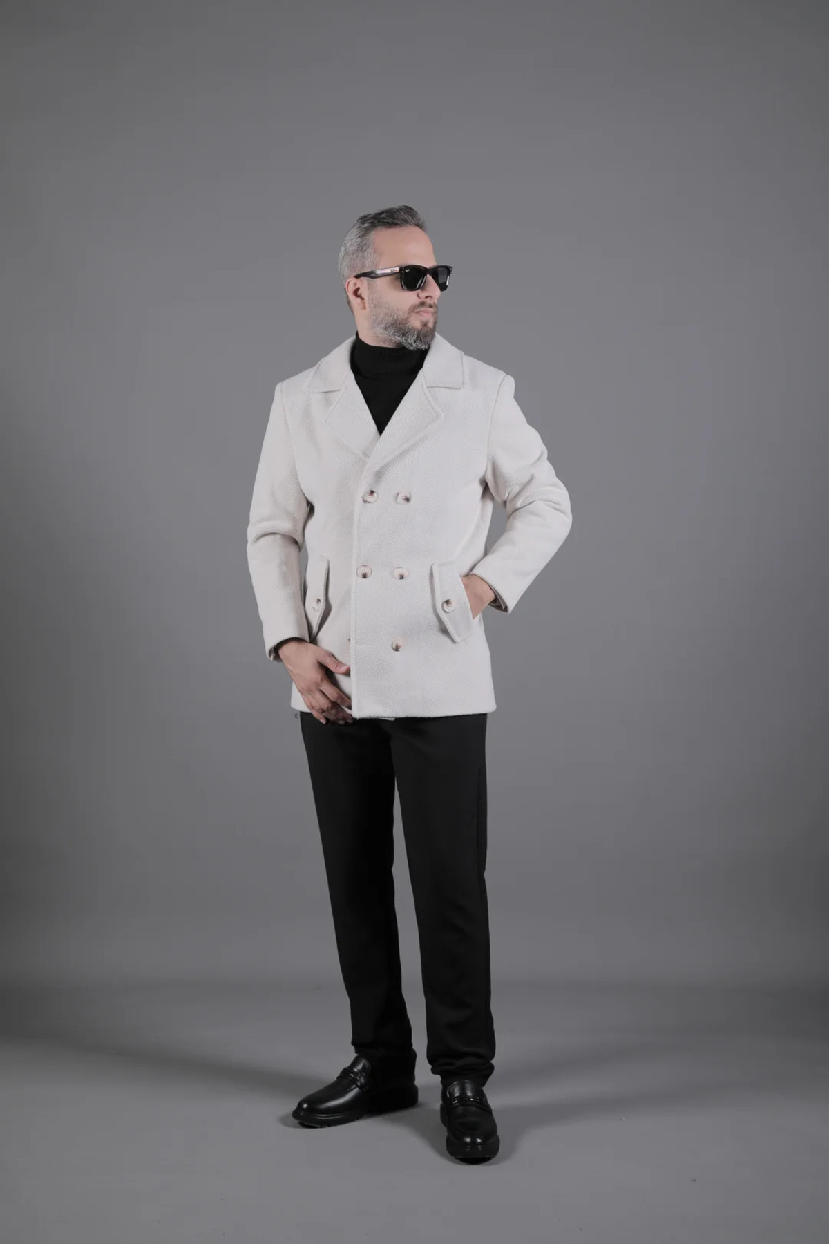 Desenli Kruvaze Erkek Kaşe Kaban — بژ OHM231 — تصویر 2 از 6