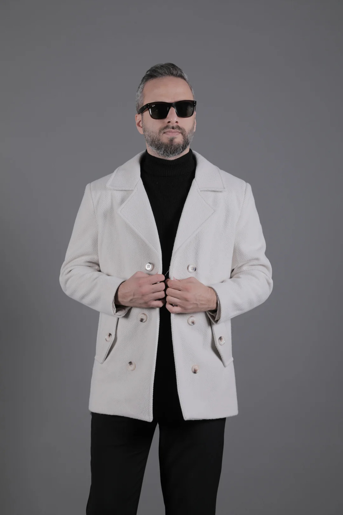 Desenli Kruvaze Erkek Kaşe Kaban — بژ OHM231 — تصویر 3 از 6