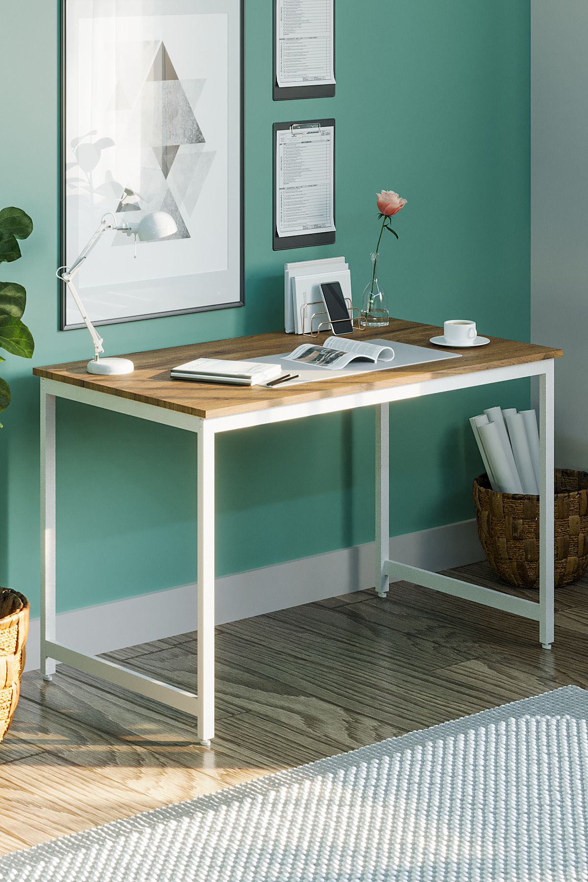 Pine/White 60 X 120 Cm, Office Desk, Desk, Computer Desk, Dining Table, Metal Leg