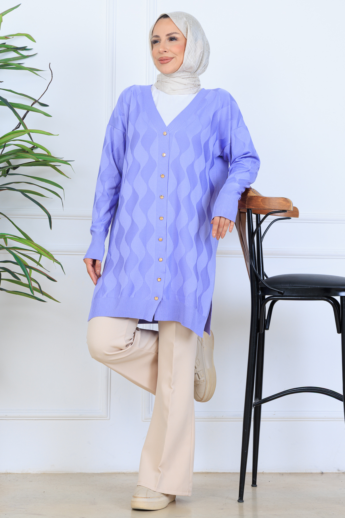 giyze Desenli Uzun Merserize Hırka N3239 Lila