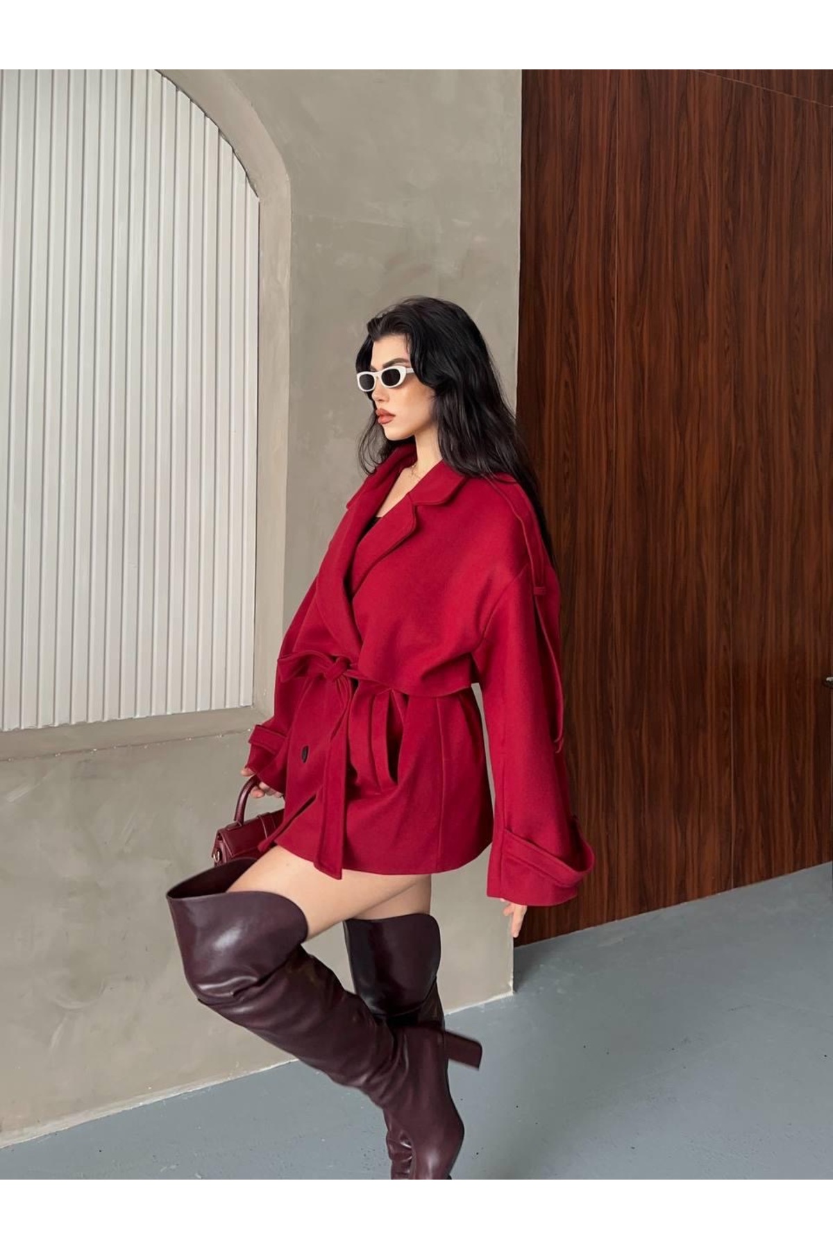 Ekim Store Kaşe Kruvaze Düğmeli Kuşaklı Trençkot görsel 8