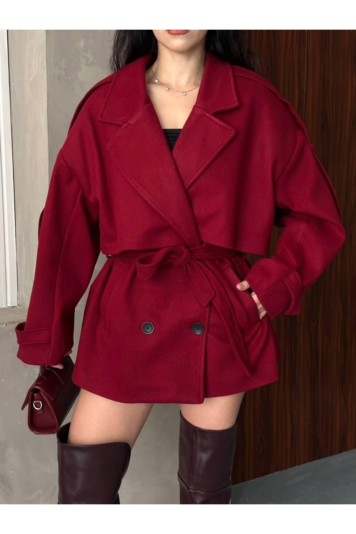 Ekim Store Kaşe Kruvaze Düğmeli Kuşaklı Trençkot görsel 4