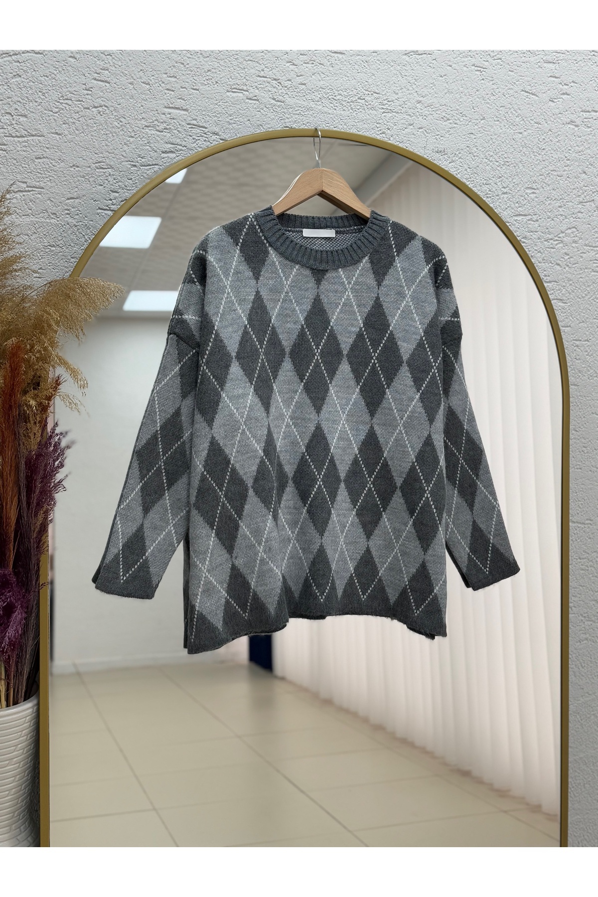 Adriana Baklava Desen Triko Kazak-Zİ5581 Gri