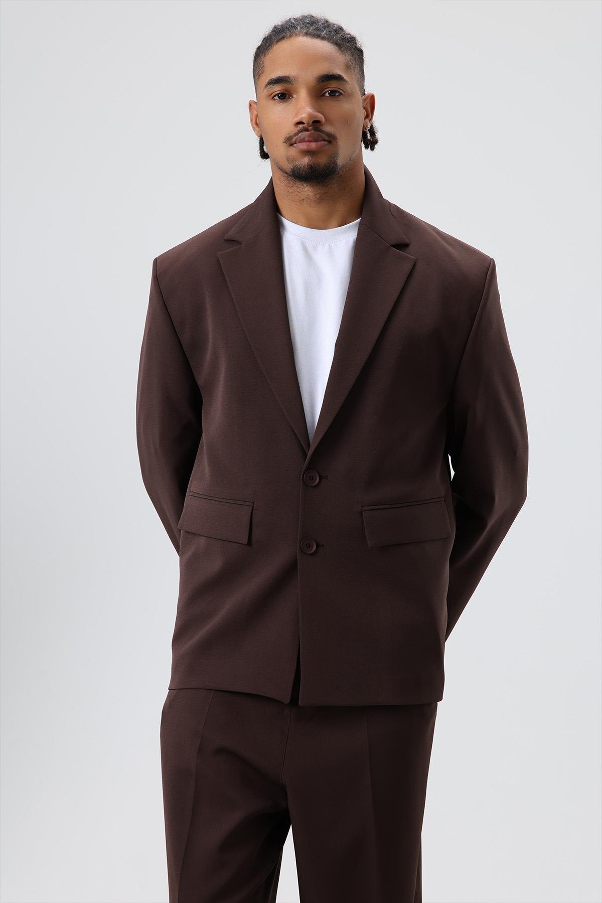 Relaxed Fit Takım Elbise Koyu Kahve — قهوه‌ای V90-19 — تصویر 5 از 8