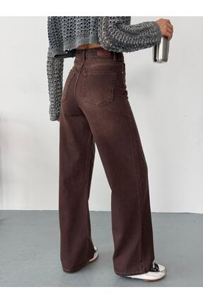 XBELLA DENİM Kadın Kahverengi Taşlamalı Wide-Leg jean Yüksek Bel Geniş Paça P...