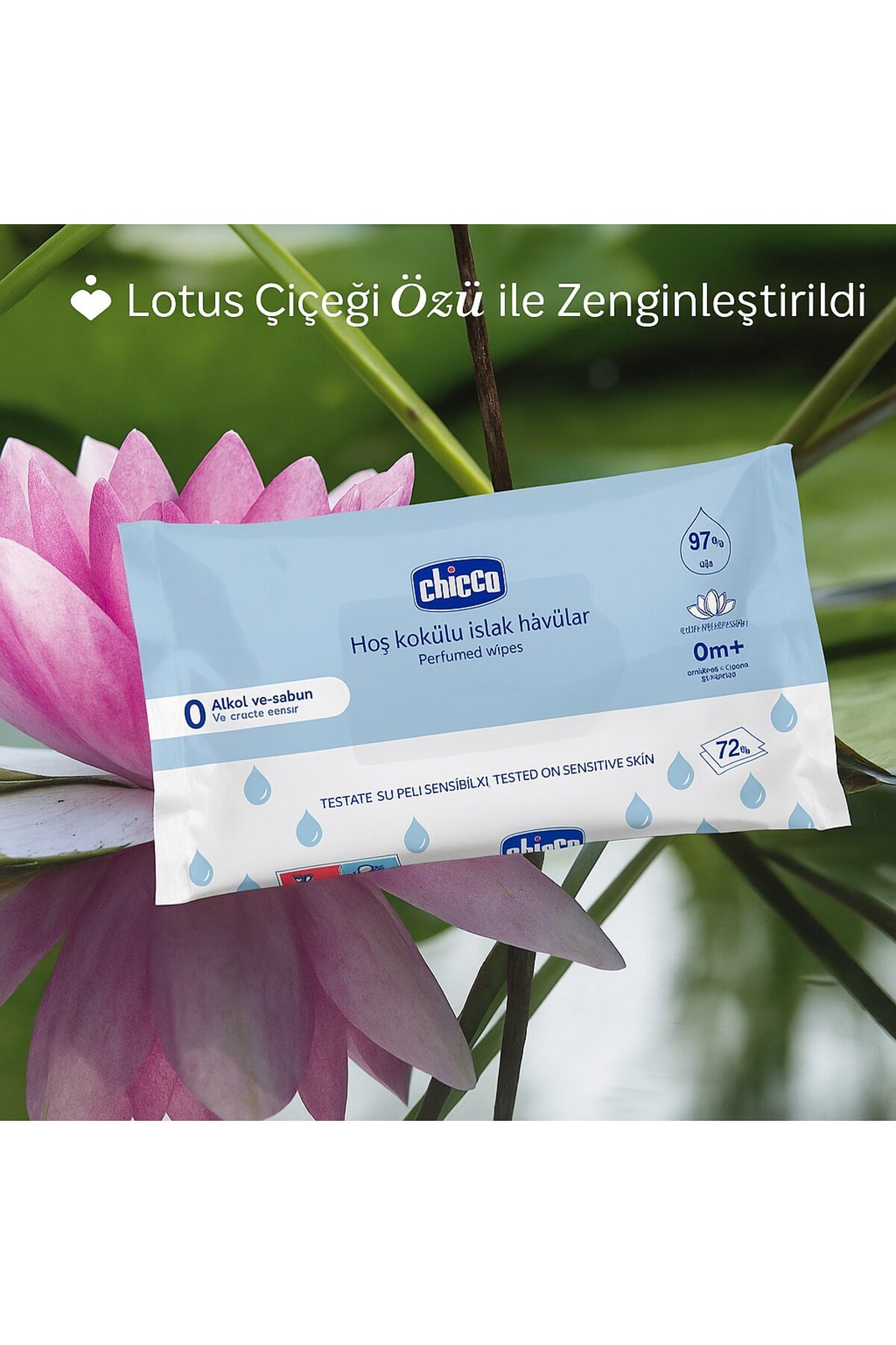 Chicco Parfümlü Islak Mendil %97 Doğal Kaynaklı, Alkol & Sabun İçermez, Lotus Çiçeği Özlü 9x72 Yaprak fotoğrafı 7 (önizleme)