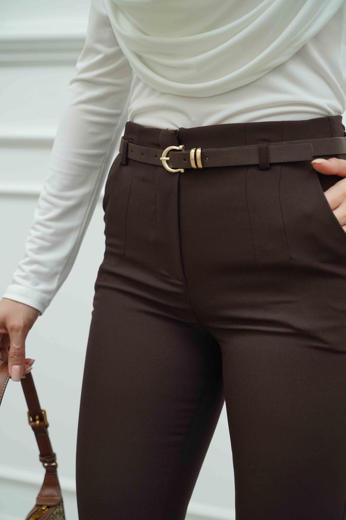 Serica Moda  Kahve Yüksek Bel Kemerli Havuç Pantolon - Görsel 4