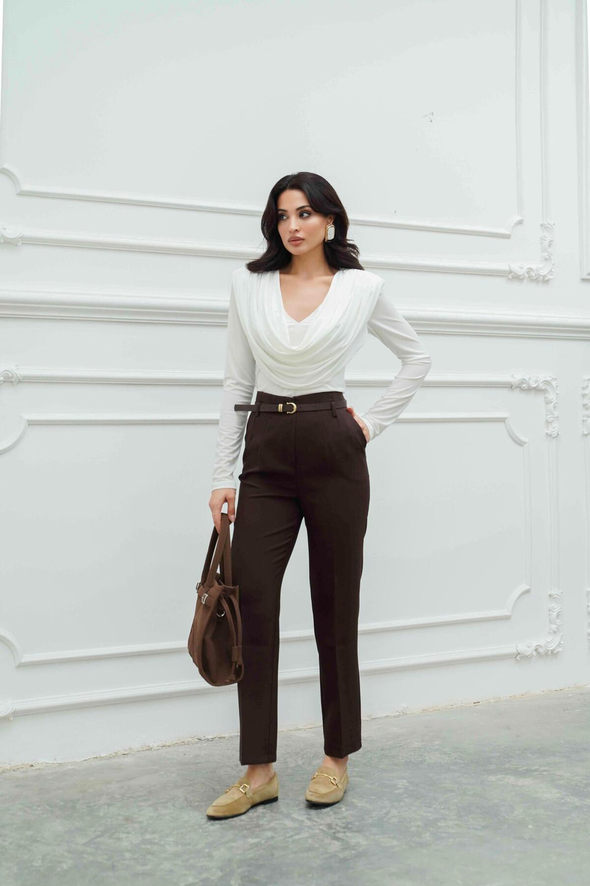 Serica Moda  Kahve Yüksek Bel Kemerli Havuç Pantolon - Görsel 2