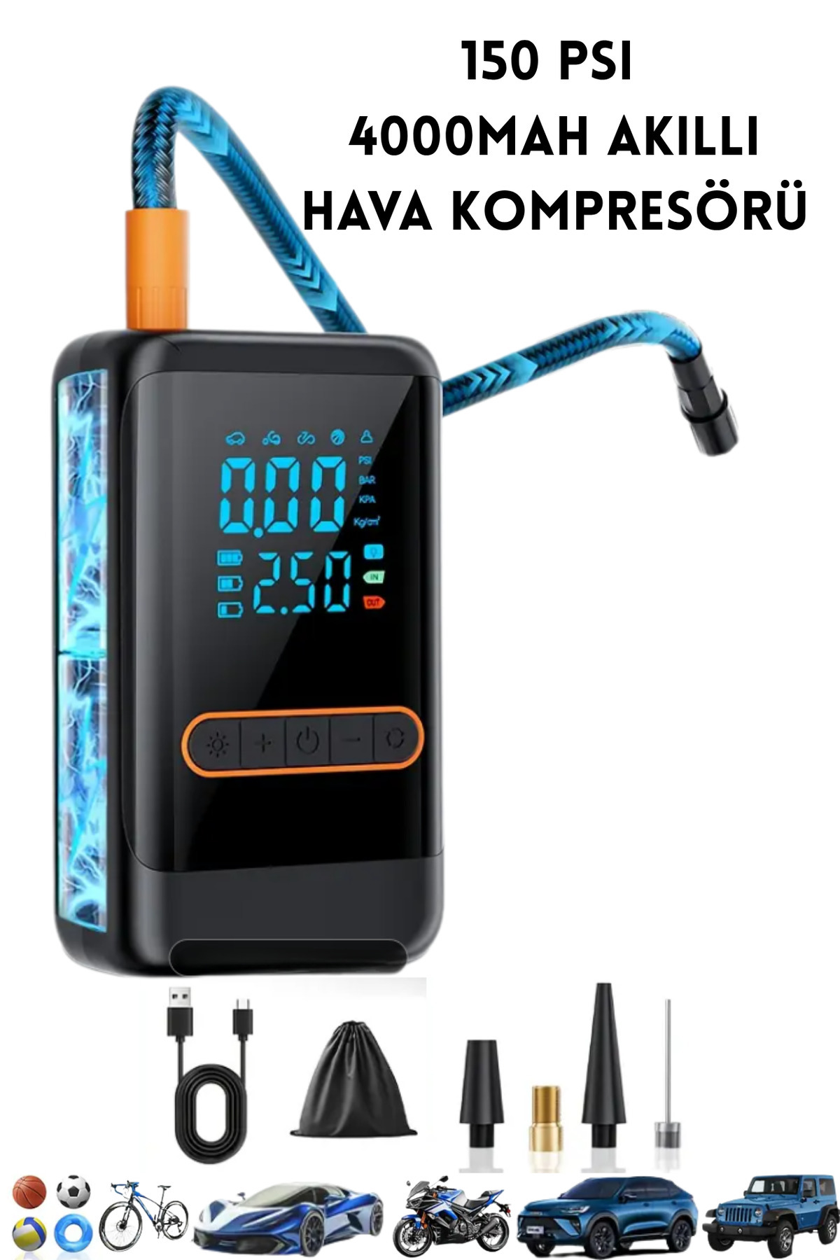 MO DOU LCD Ekranlı 150 PSI Şarjlı Hava Kompresörü – LED Işıklı, 4000mAh, Araç ve Bisiklet Şişirici