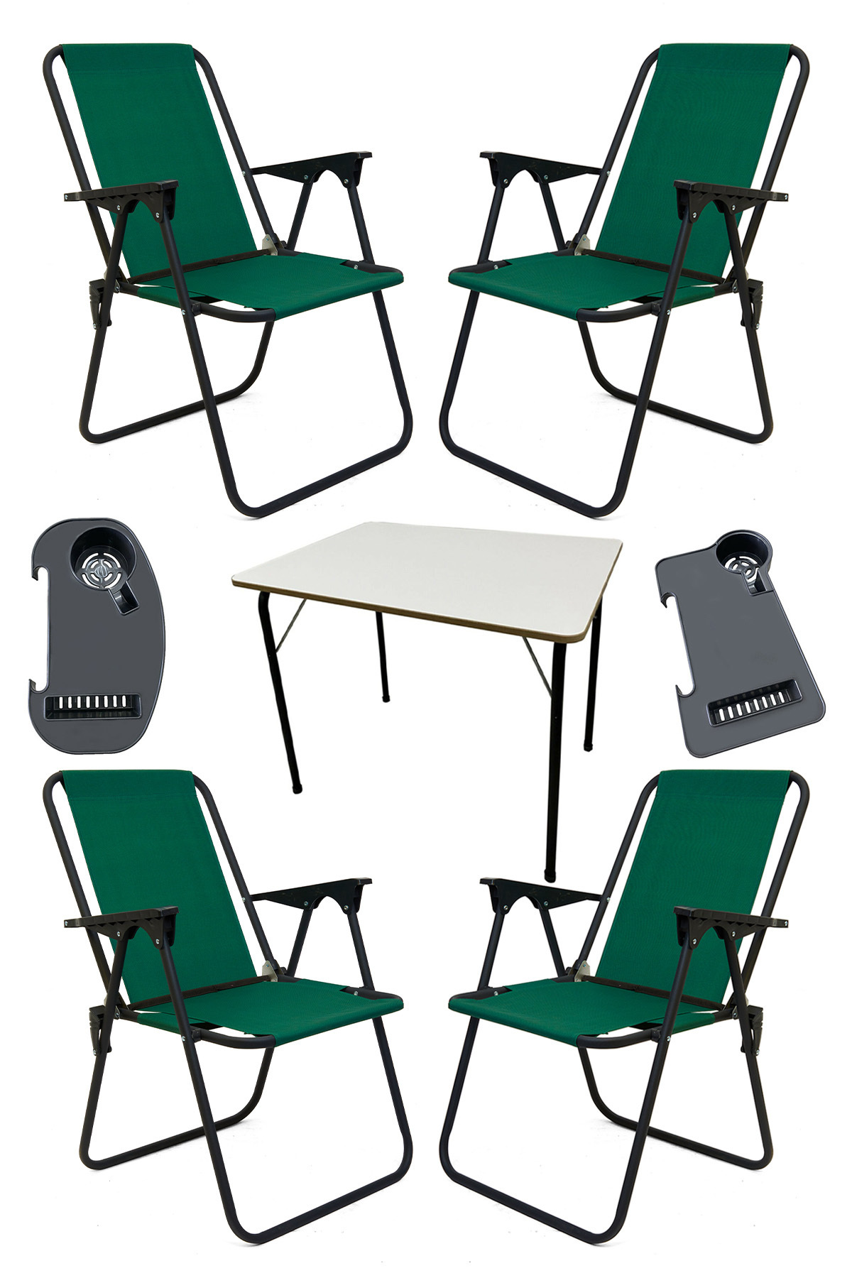 Litea 4pcs Camping Chairs Folding Picnic Chair and Cup Holder Green + Folding Mdf Table