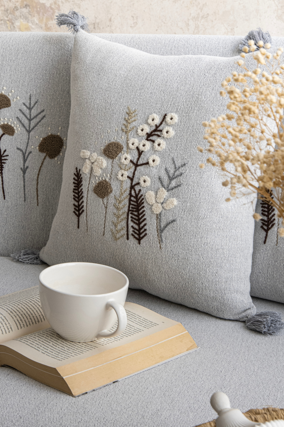 Peony Grey Embroidered Tassel Bohemian 2-Piece Pillowcase 45x45cm