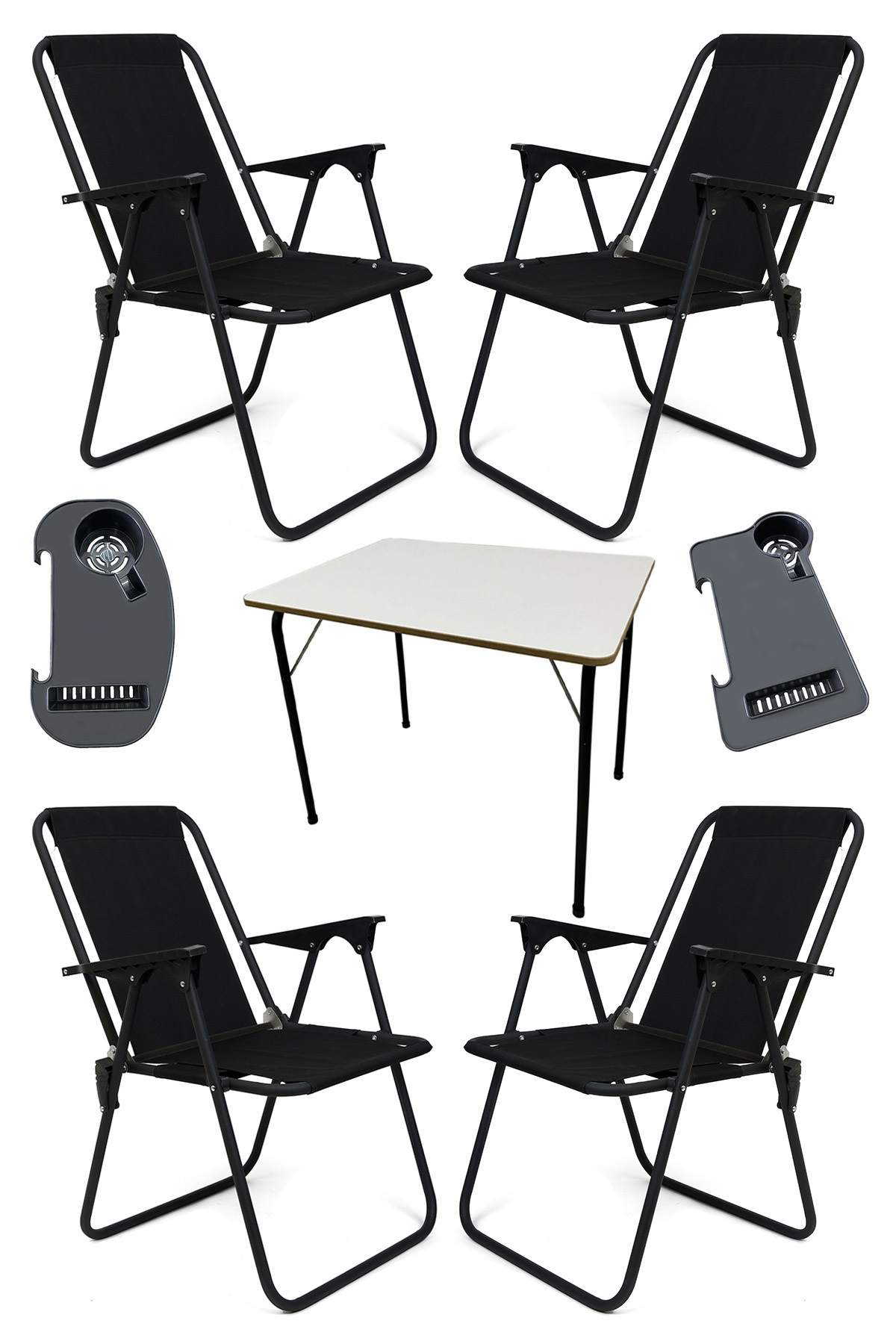 Litea 4pcs Camping Chairs Folding Picnic Chair and Cup Holder Black + Folding Mdf Table