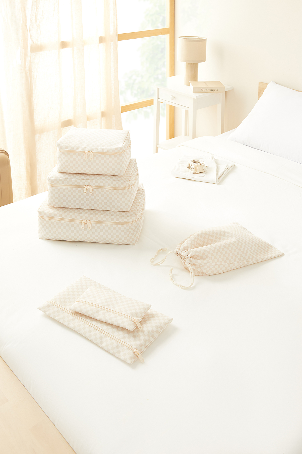 Ocean Home Textile 6'lı Bej Dama Desen Pamuklu Bebek Doğum Hastane Çıkışı Çanta Düzenleyici Çok Amaçlı Organizer fotoğrafı 3 (önizleme)