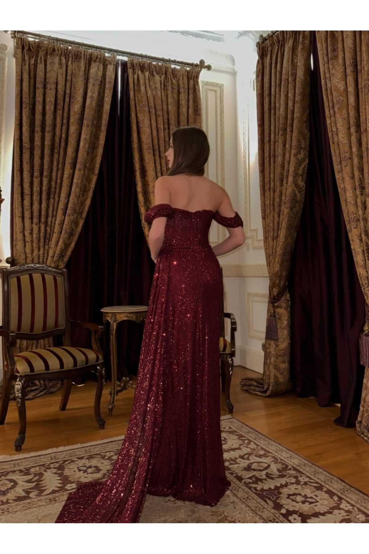 maf collection  Kadın Bordo Pul Payet Düşük Kol Yırtmaç Detay Uzun Abiye Mezuniyet Elbisesi - Görsel 4
