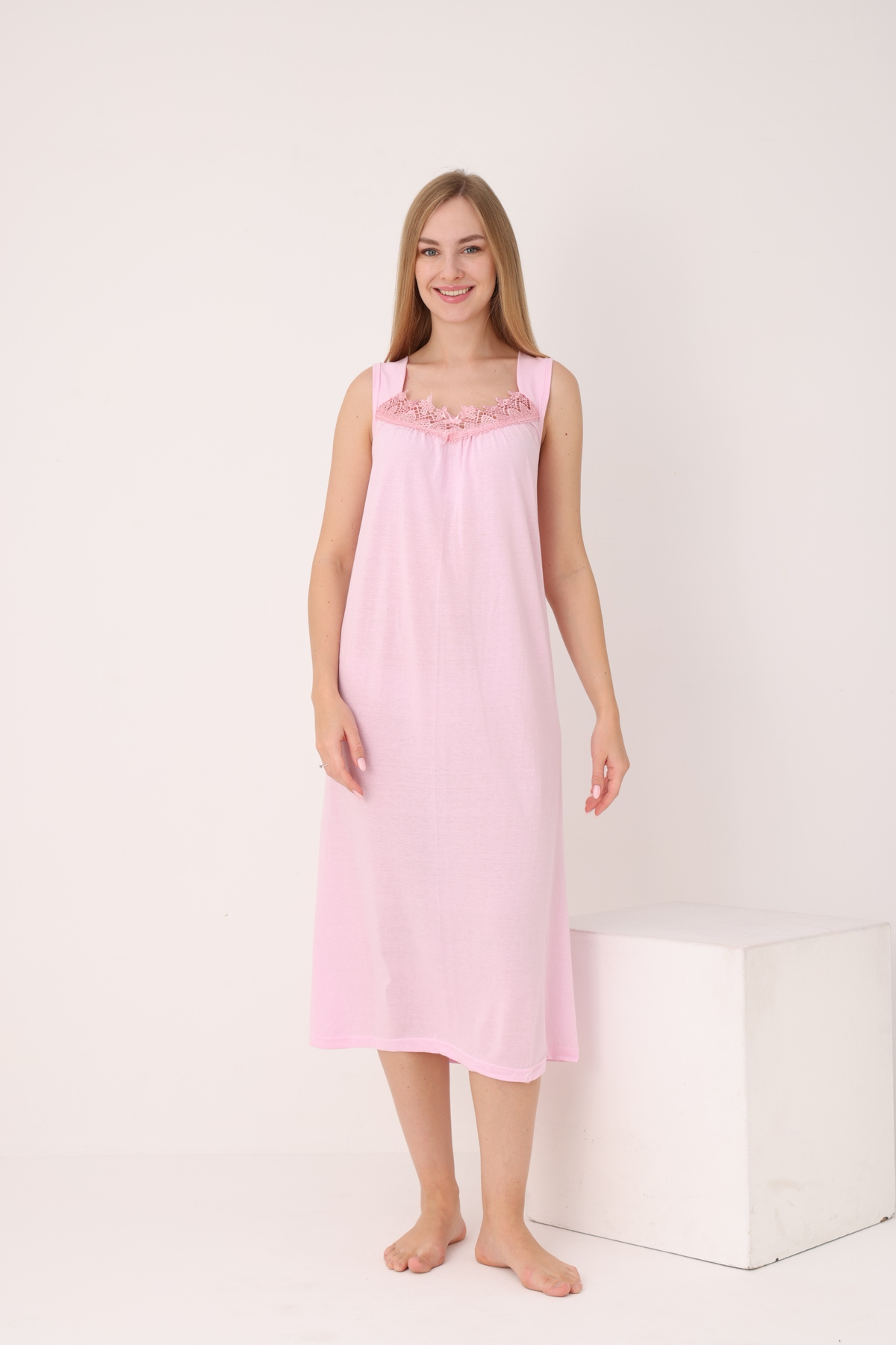 YASAR UNDERWEAR Kadın Dantelli Geniş Askılı Düzrenk Pamuk Gecelik