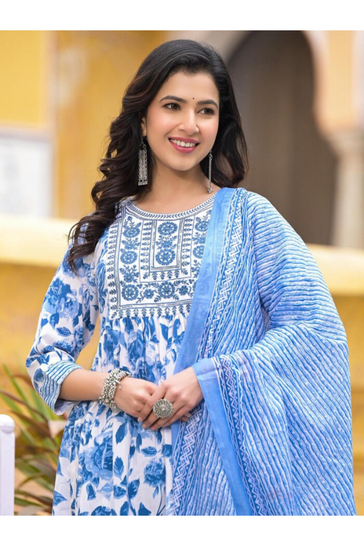 MYSMAR Blue Viscose Cotton Salwar Kameez Dupatta - ALV1414 | Blue-Size-M-38Inches