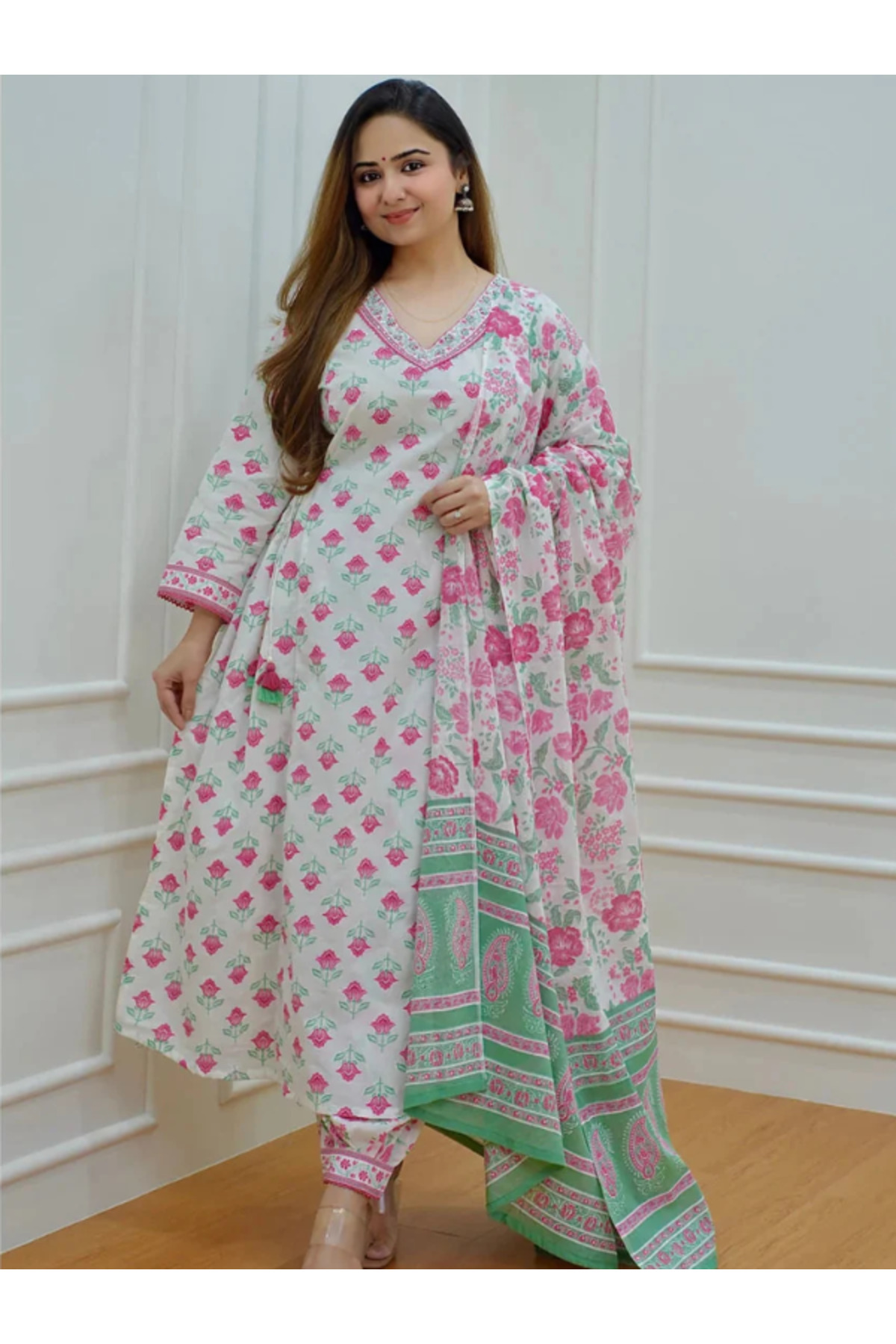 MYSMAR Pink Viscose Rayon Salwar Kameez Dupatta - ALV1400 | Pink-Size-M-38Inches