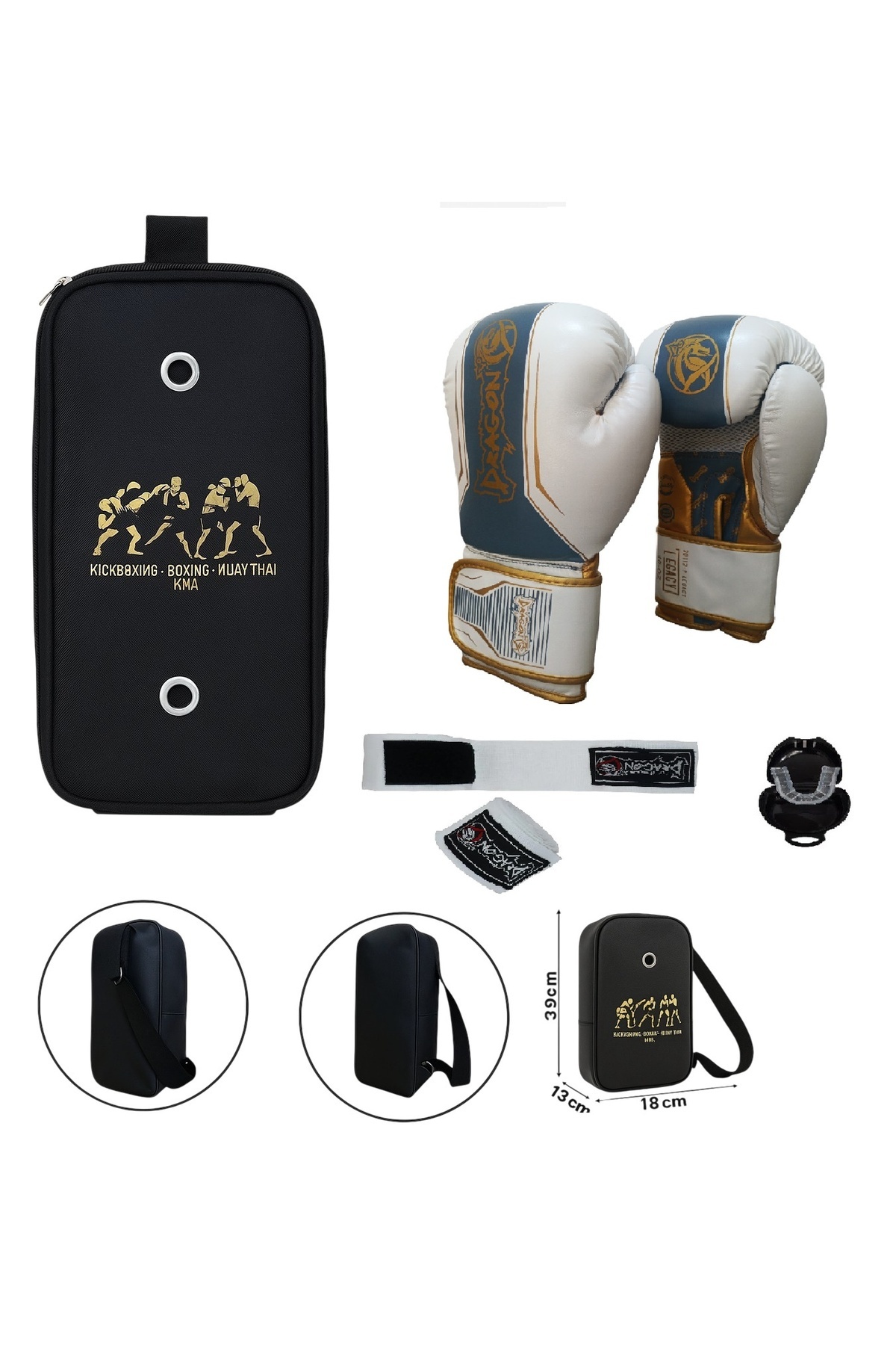 Dragondo Legacy Kick Boks Eldiveni Boks Eldiveni Muay Thai Eldiveni 3'lü Set ve Eldiven Taşıma Çantalı Beyaz