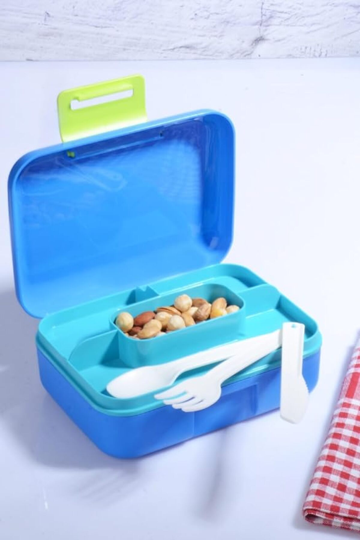 SoyluhanStore Design Kendinden Kaşıklı 5 Bölmeli 2 Katlı Beslenme Kutusu (Mavi)