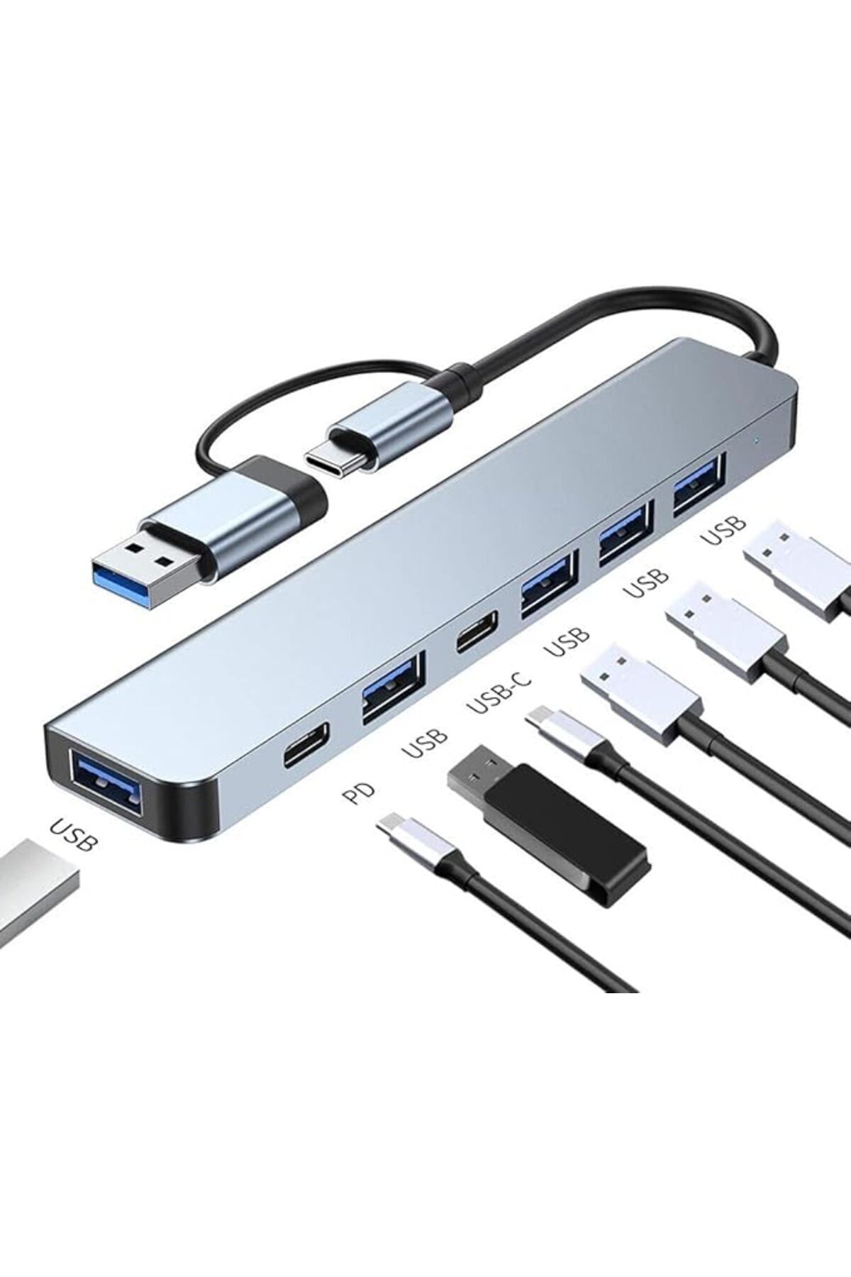 SoyluhanStore GN-33 Multiport Type C ve USB Girişli 7 in 1 Adaptör Hub Çoğaltıcı Tamamı Alüminyum Kasa