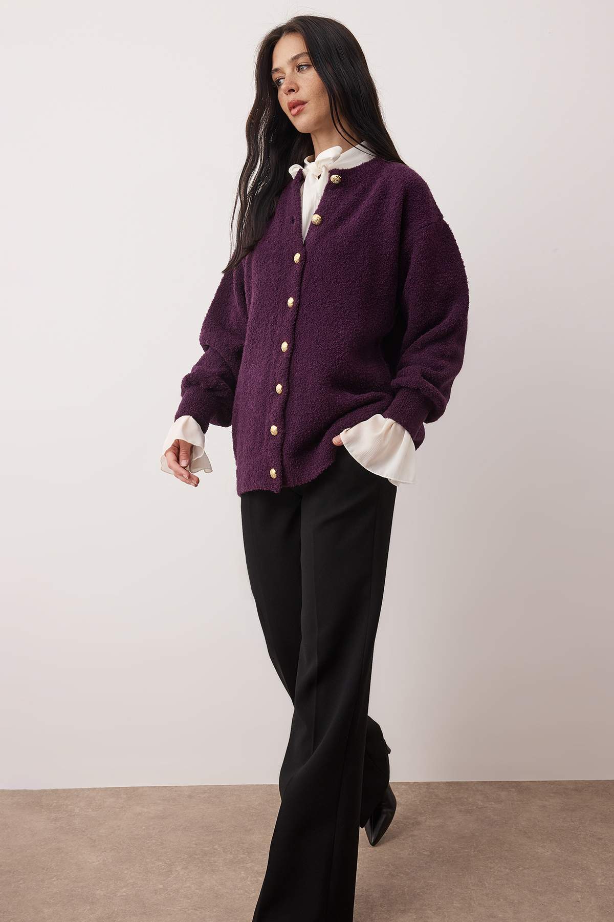 Trendyolmilla  Mürdüm Buklet Yumuşak Kumaşlı Triko Hırka TCTAW26TH00021 - Görsel 2