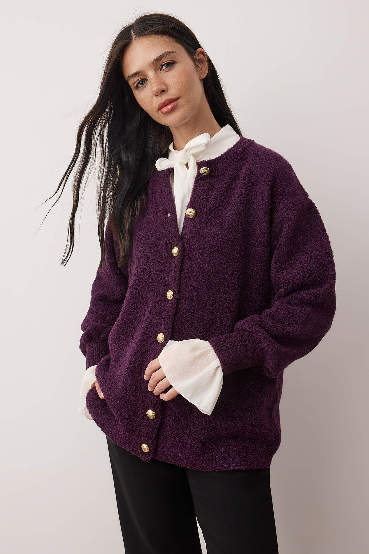 Trendyolmilla  Mürdüm Buklet Yumuşak Kumaşlı Triko Hırka TCTAW26TH00021