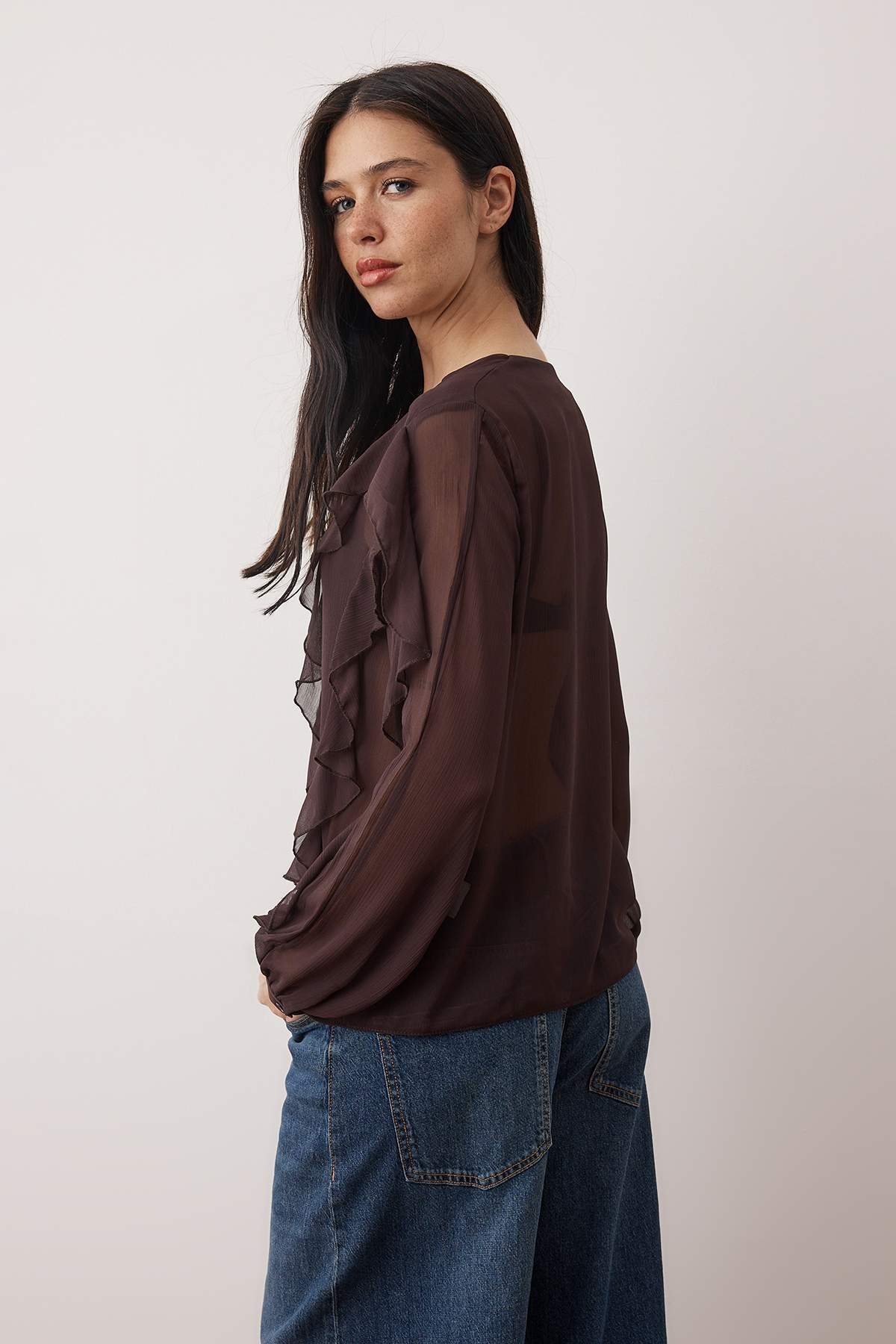 Trendyolmilla  Kahverengi Volanlı Boho Gömlek TWOAW26GO00045 - Görsel 4