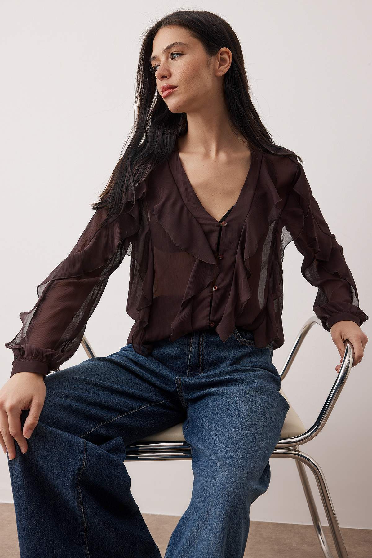 Trendyolmilla  Kahverengi Volanlı Boho Gömlek TWOAW26GO00045 - Görsel 2