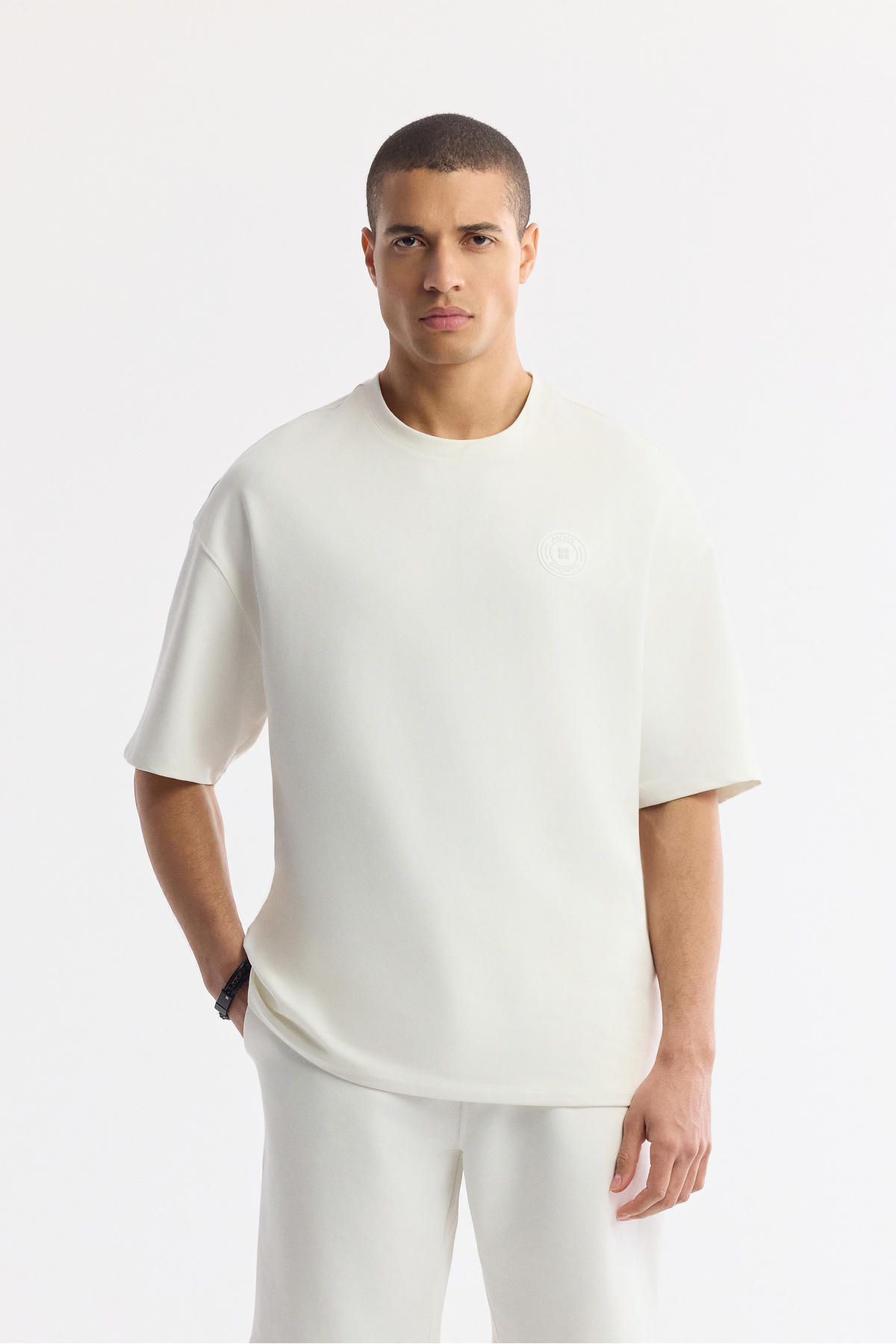 Avva Erkek Ekru Bisiklet Yaka Baskılı Bi-Stretch 2 İplik Oversize Fit T-Shirt A51Y1082