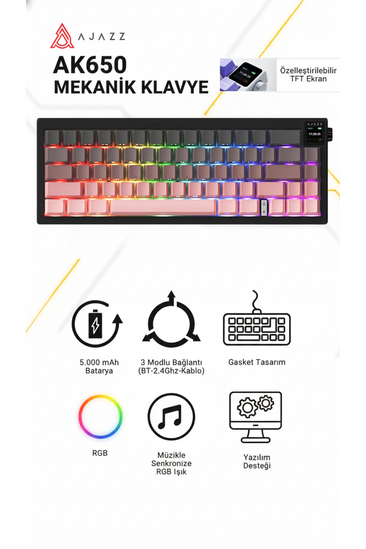 akページ Ajazz AK650 TFT Ekranlı 3 Modlu Mekanik Oyun Klavyesi-5.000 Mah