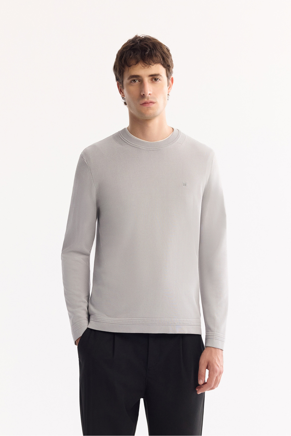 آوا ژاکت بافتنی مردانه یقه گرد خاکستری، ترکیبی از ریون و بدون پرز، سایز معمولی A52Y5001