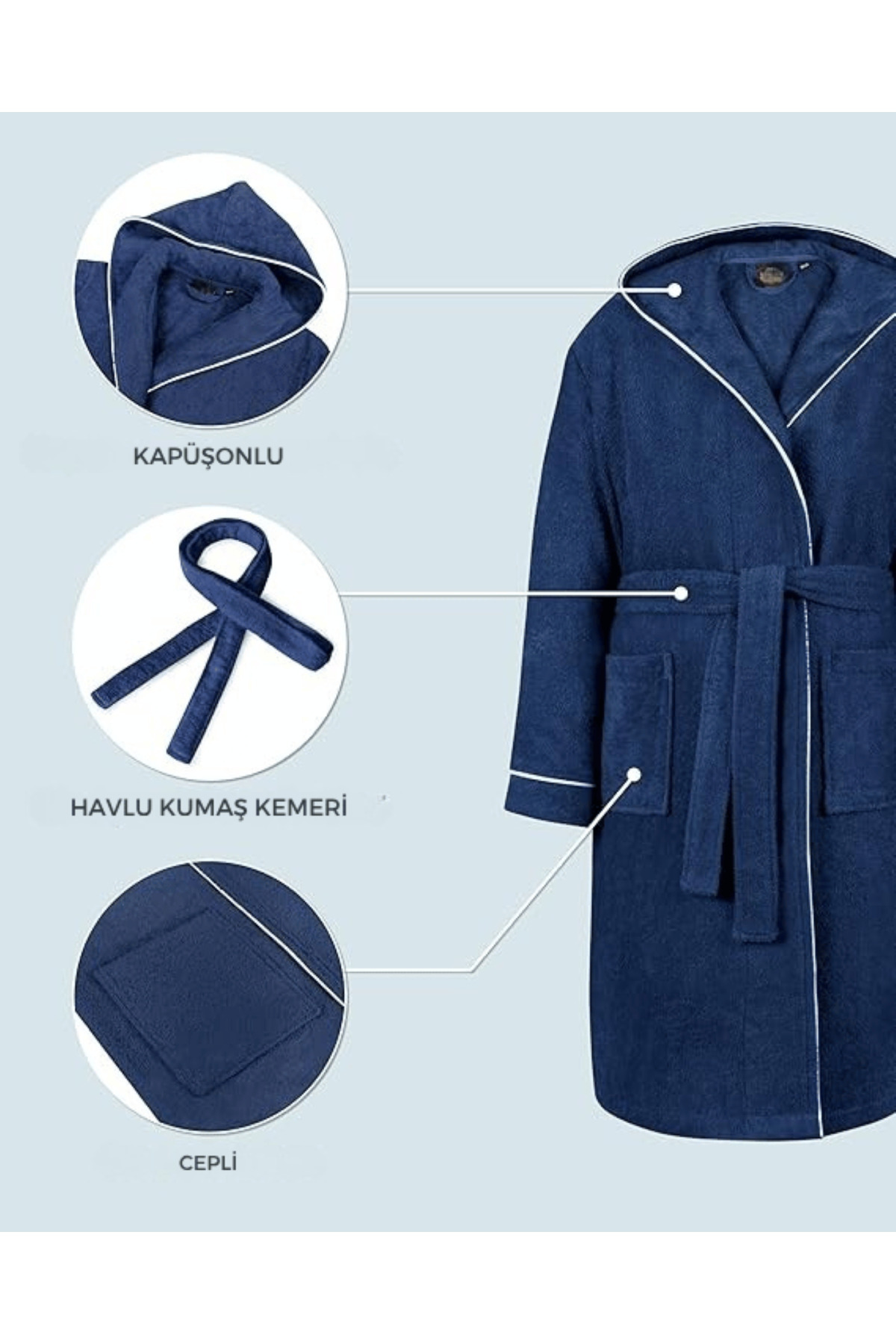 Layvera Kız-Erkek Çocuk Bornozu %100 Pamuk | Kapüşonlu – Cepli – Yumuşak – Biyeli – Lacivert fotoğrafı 5 (önizleme)