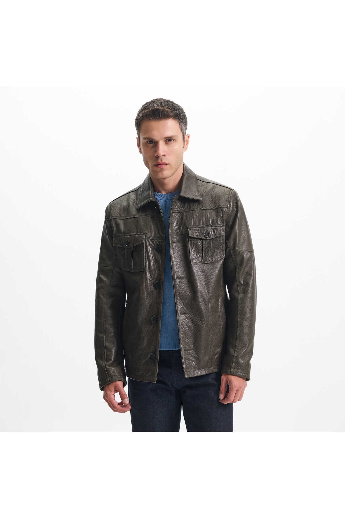 Tergan  Haki Hakiki Deri Erkek Deri Mont - E24KDM310585-R2X