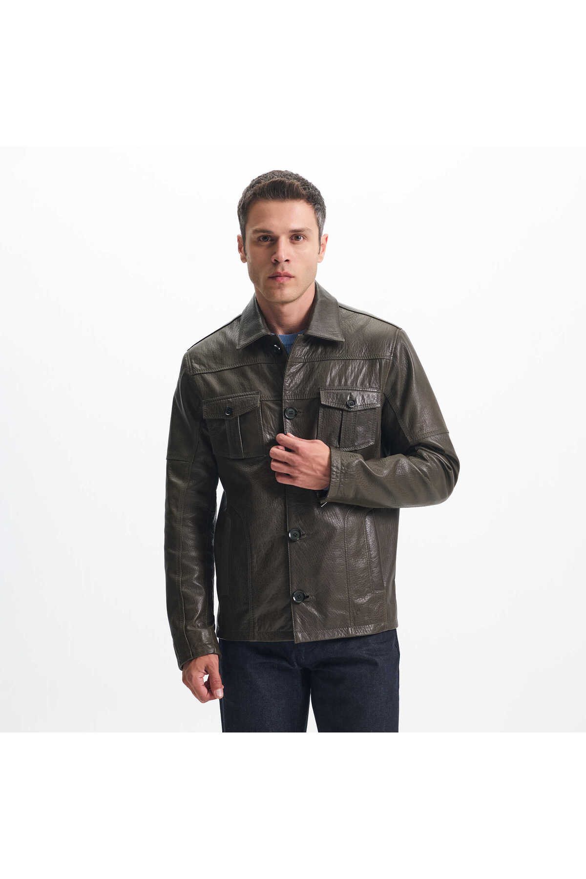 Tergan  Haki Hakiki Deri Erkek Deri Mont - E24KDM310585-R2X - Görsel 3
