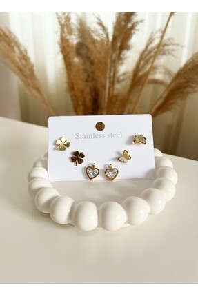 GLOW LUXE 316L Çelik Set Kalpli,Kelebek ve Yonca Küpe Altın 6 Adet Zirkon Taş