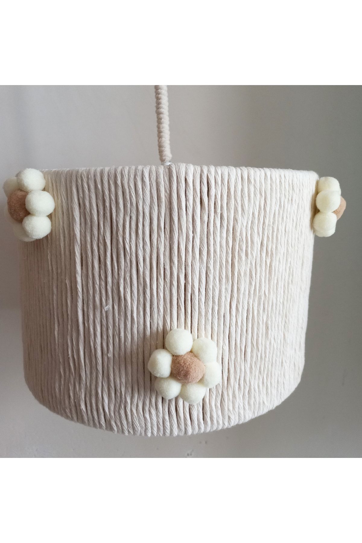 C&A Silindir Makrome Ekru Ip Sargılı Ponpon Çiçekli Genç Odası Bebek Çocuk Odası Tasarım Sarkıt Avize fotoğrafı 5 (önizleme)