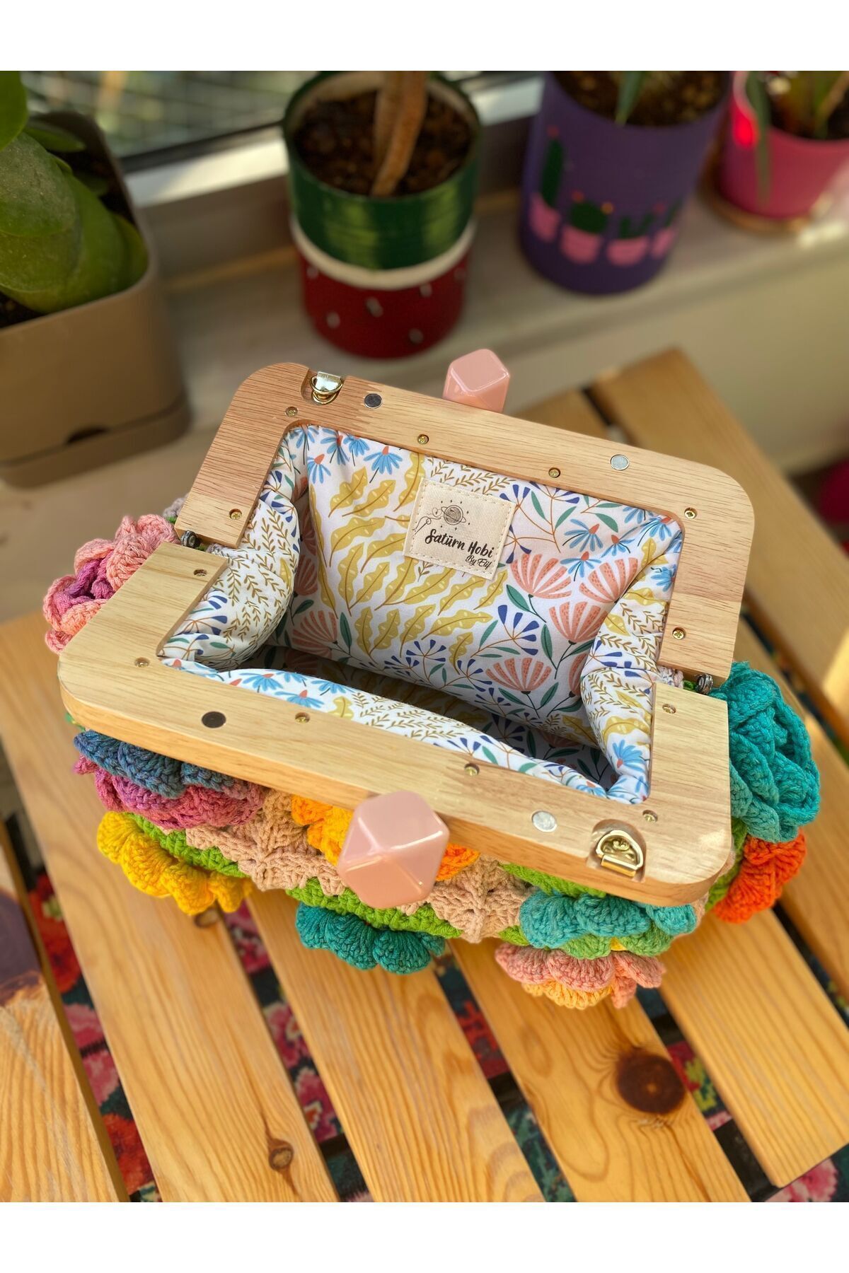 Satürn Hobi Örgü Ahşap Burslu Gül Motifli Clutch Çanta görsel 5