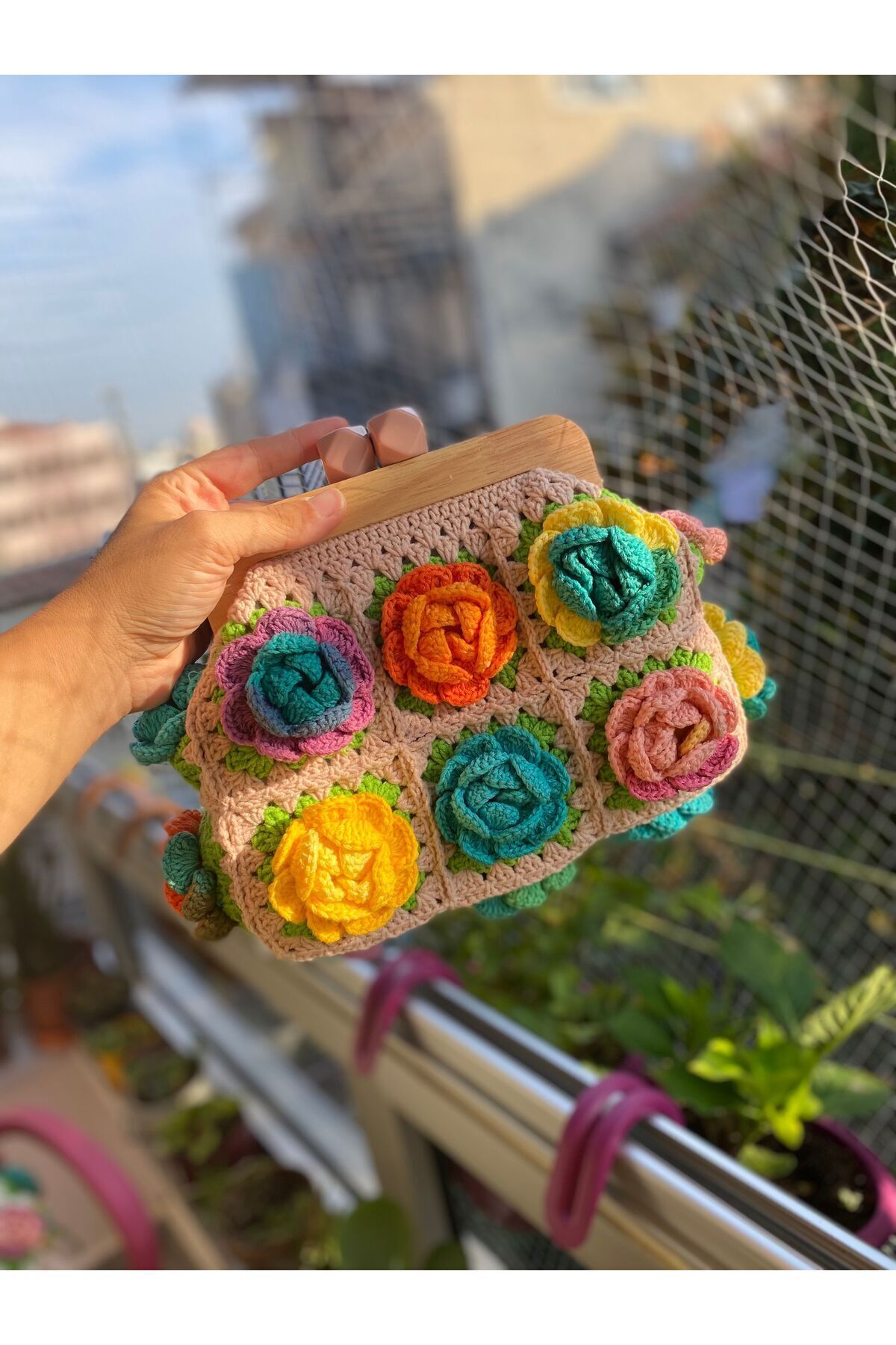 Satürn Hobi Örgü Ahşap Burslu Gül Motifli Clutch Çanta görsel 7