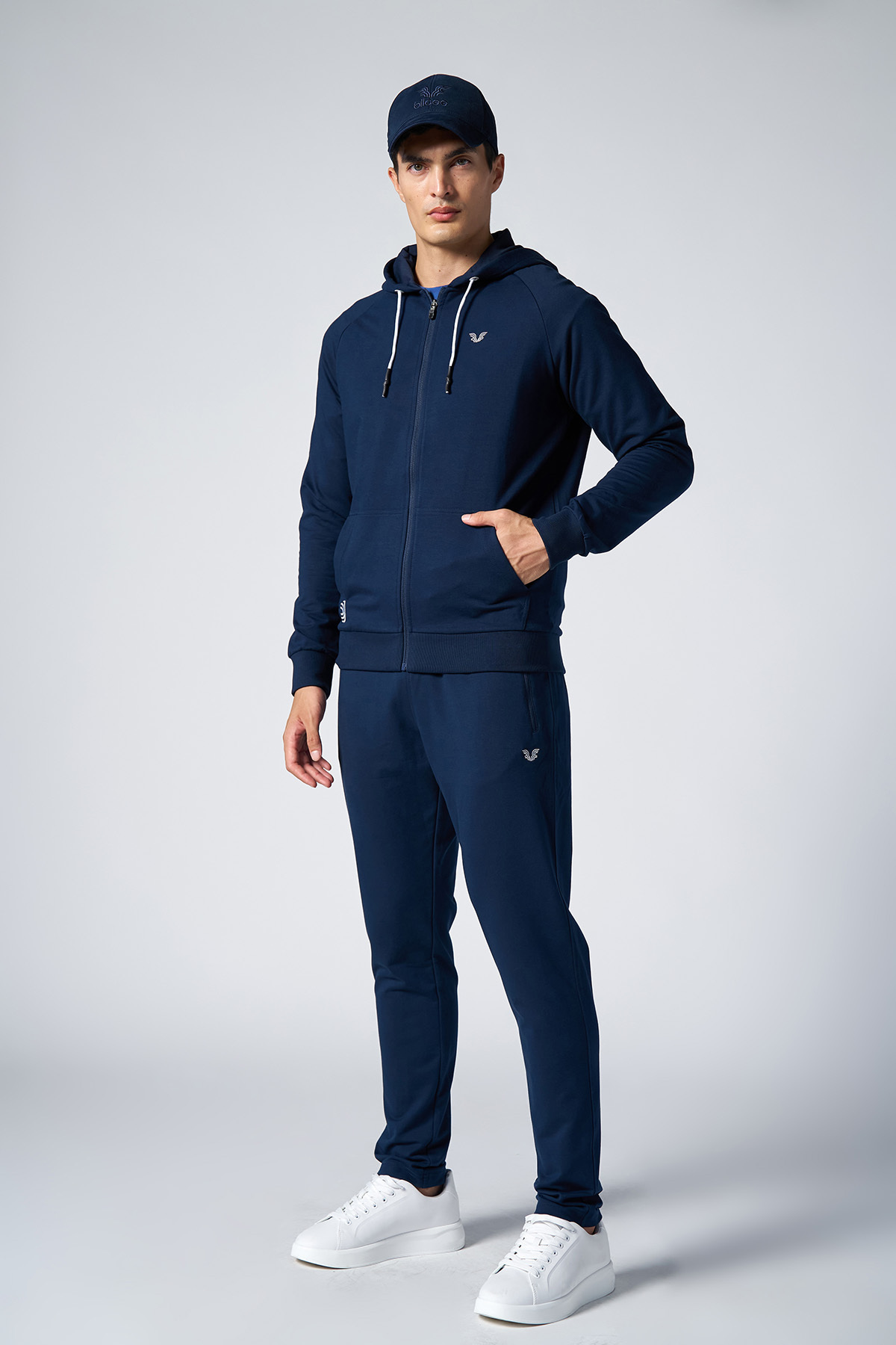 Men's Navy Blue Hooded Kangaroo Pocket Zippered Sports Bottom-Top Tracksuit Set 8241