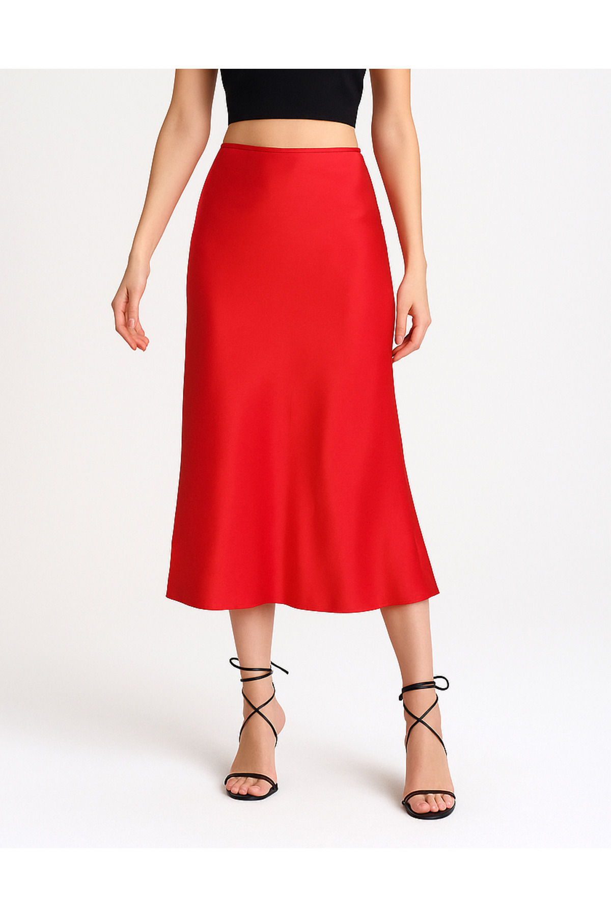 Kahra Collection  Kırmızı 82cm Midi Boy Şık Saten Etek - Görsel 3