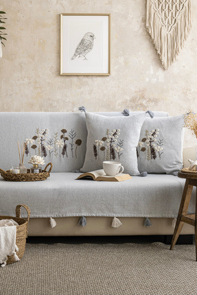 Lux Touch Peony Gri Nakışlı Püsküllü Parça Yıkamalı 170x210cm Koltuk Örtüsü S...